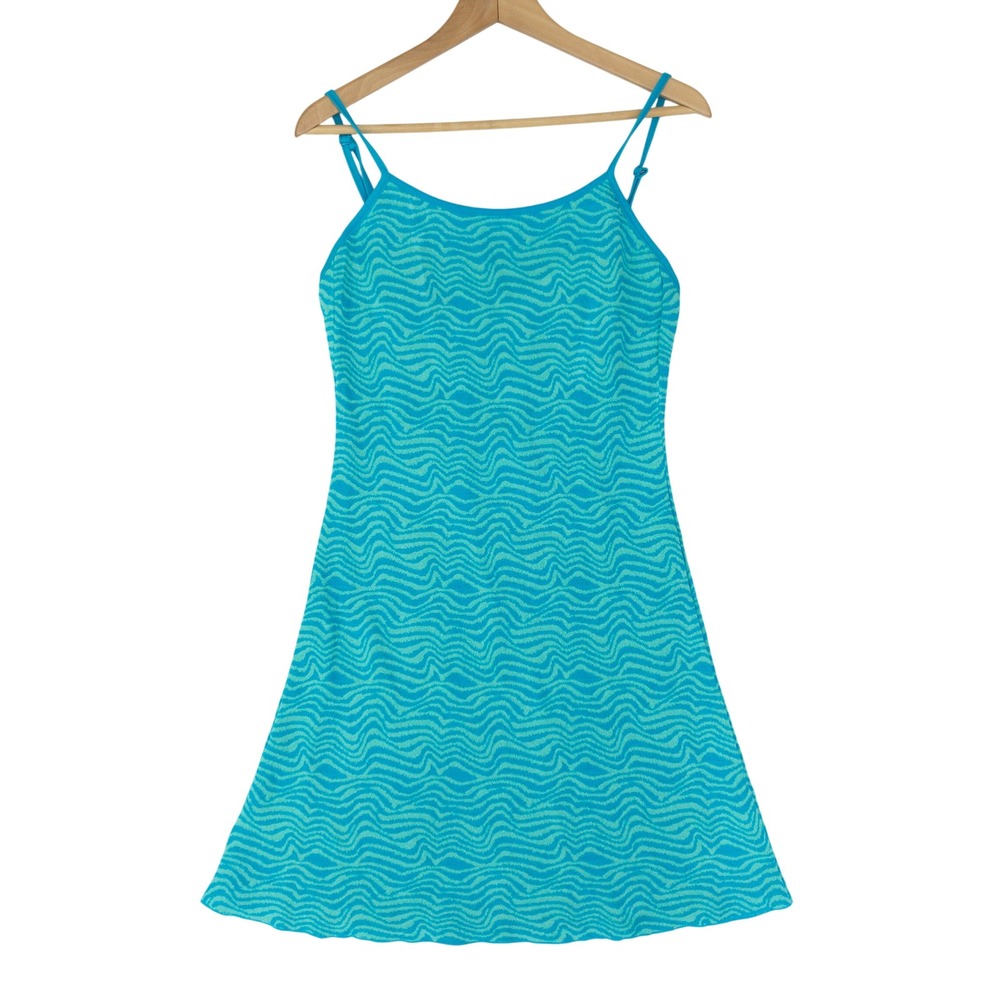 Zara Mini Dress Womens Small Blue Teal Wavy Swirl‎ Knit A-Line Spaghetti Strap